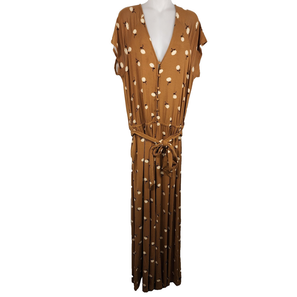 Matilda Jane Women Jumpsuit Tan Floral V Neck Belt Short Sleeve Pockets Size LP